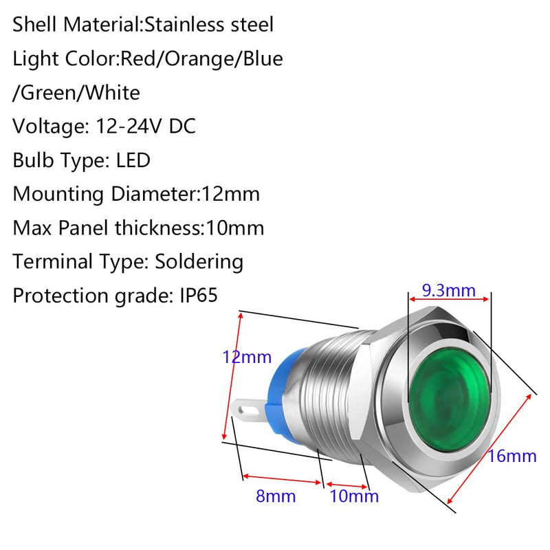 5pcs 12mm AC/DC 12-24V Stainless Steel Waterproof LED Indicator Light Metal Shell Pilot Custom Dash Signal Lamp Concave Head 12mm Without wire