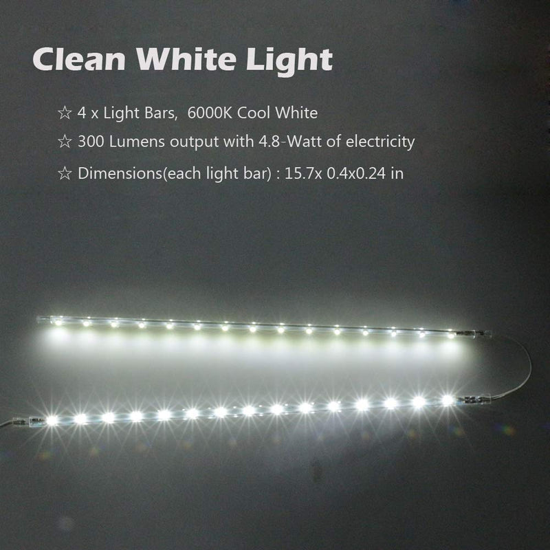 LED Display Light Bar Kit - (4) 16inches Plug-in Linkable Strip Lights for Large Display Cabinet - Series + Parallel Connection - White 6000K Cool White (6000K)