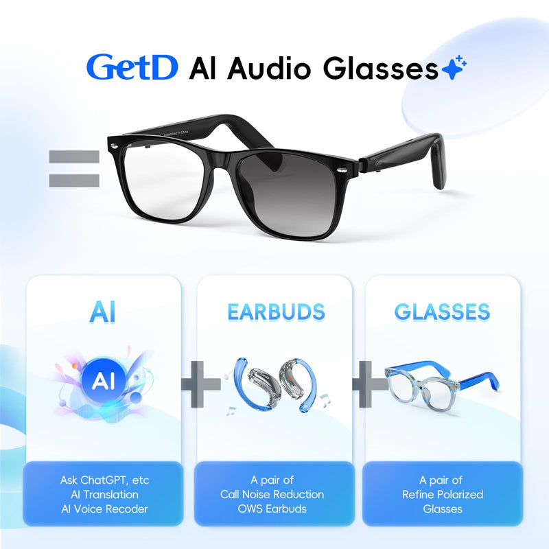 GetD AI Glasses, Smart Glasses Powered by ChatGPT, Real-Time AI Translation | Photochromic lens, AI translation in 145 languages, Hands‑free calls, Immersive audio, Holds AI conversations Black + Grey Photochromic Lens Large