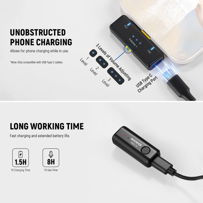 [AUSTRALIA] - NEEWER Wireless Lavalier Microphone System for USB C, Compatible with iPhone 16 15 Samsung Android Phones, Noise Cancelling Mini Lav Omnidirectional Condenser Mic for Vlogging Live Streaming, KM23 