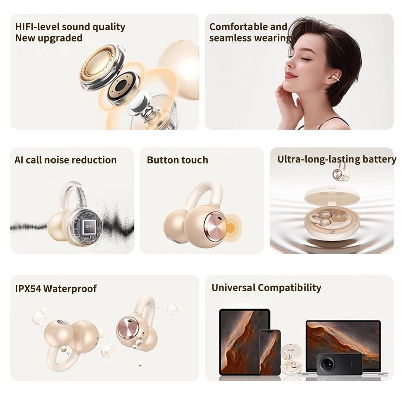 Upgraded Open Ear Earbuds Clip-On Earbuds Comfortable fit & Crystal-Clear Sound, 80H Playtime Bluetooth 5.4 Wireless Headphones for Women Ideal for SmallEars,Sports,Workouts,（Champagne Gold） Champagne Gold