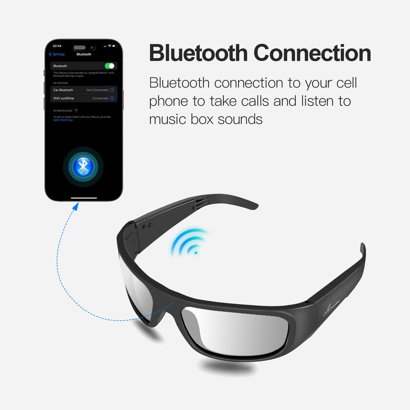 OhO sunshine Bluetooth Audio Sunglasses, Lightweight Open Ear Sport Glasses, 10H Playtime,Water Resistant with Voice Control Black Frame | Transition Lens