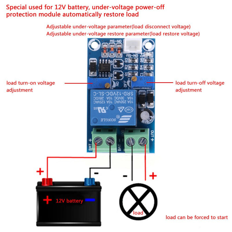 Protection board, 12V battery undervoltage switching module, undervoltage protection for automatic recovery when switched on, with LED indicator