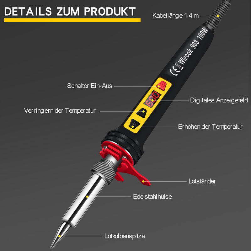 Soldering Iron Set 100 W LCD, Soldering Iron with Adjustable Temperature 200-600 °C Soldering Iron with On/Off Switch, 15 g Soldering Wire, 5 Soldering Tips, Soldering Set for Electrical Work Black