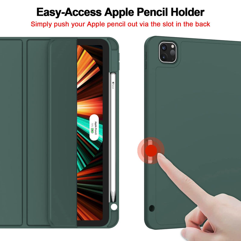 ZryXal New iPad Pro 12.9 Inch Case 2022/2021/2020(6th/5th/4th Gen) with Pencil Holder,Smart Case [Support Touch ID and Auto Wake/Sleep] with Auto 2nd Gen Pencil Charging (Midnight Green) Midnight Green