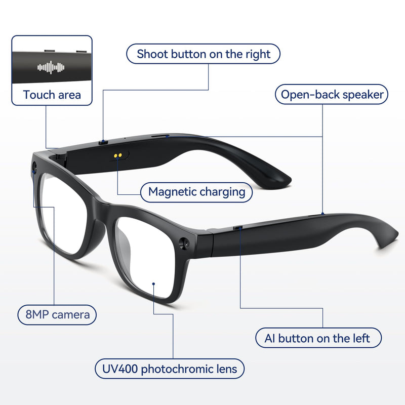 AI Smart Glasses with HD Camera, BT Call, 8MP Anti-Shake Camera Glasses with 1080P Video Recording Dual Mic, Simultaneous Interpretation/GPT Identify Objects, Photochromic Lens
