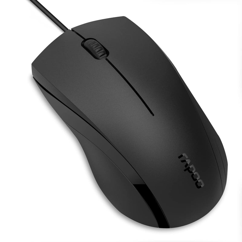 RAPOO Silent Wired Mouse, 1000 DPI 5ft Cord Quiet Button Optical Computer Mouse, Left Right Hand Use, for Laptop Chromebook Mac Notebook, Matte Black