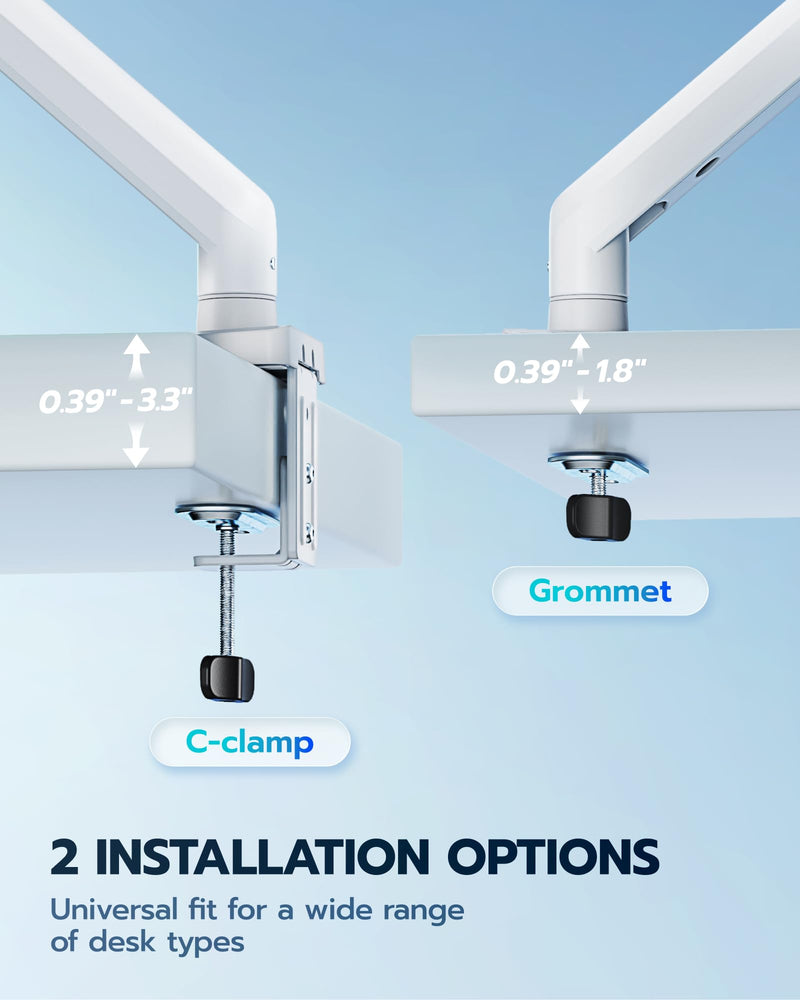 ARES WING 17-40 Inch Heavy Duty Monitor Arm, White | Fully Adjustable Monitor Mount for Ultrawide Screens up to 26.4 lbs with Clamp/Grommet Desk Mount, 75/100 Vesa Mount Non USB