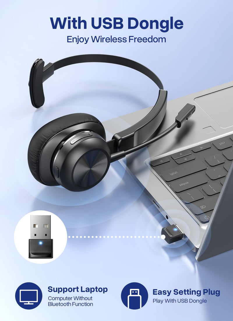 Trucker Bluetooth Headset, Wireless Headset with Microphone | USB Dongle, On Ear Bluetooth Headphones with AI Noise Cancelling 50H Playback Mute Button for Truck Driver Office Work, Black