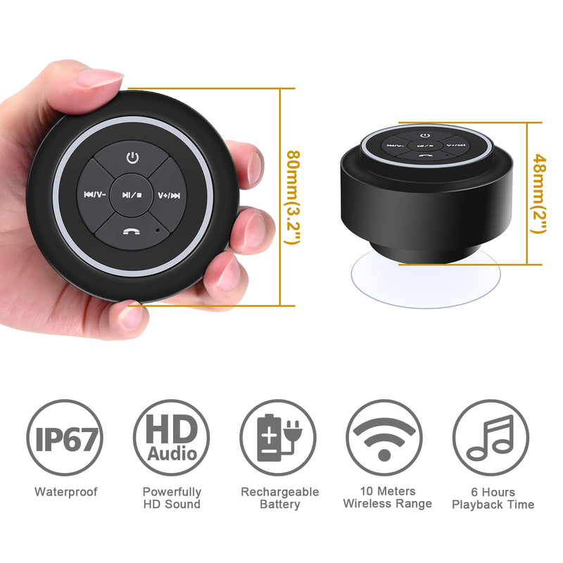 HAISSKY Bluetooth Shower Speakers, Portable Wireless Speaker with Suction Cup, IP67 Waterproof Speaker Pairs Easily to Phones, Tablets, Computer, Gift for Men & Women Black