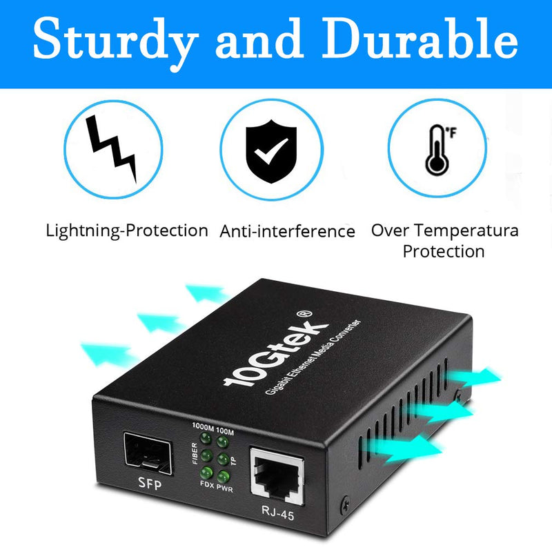 A Pair of Gigabit Single Mode Media Converter with 10m OS2 LC to LC Fiber Cable, 2 Pcs Fiber to Ethernet Converter, 2 pcs SFP LX Modules, 1000Base-LX to 10/100/1000M RJ45, SMF, 1310nm, up to 20km