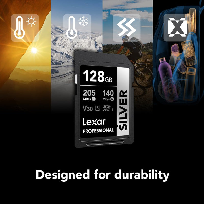 Lexar 128GB Professional Silver SDXC Memory Card, UHS-I, C10, U3, V30, 4K Video, Up to 205/140 MB/s Read/Write, for Professional Photographer, Videographer, Enthusiast (LSDSILV128G-BNNNU)