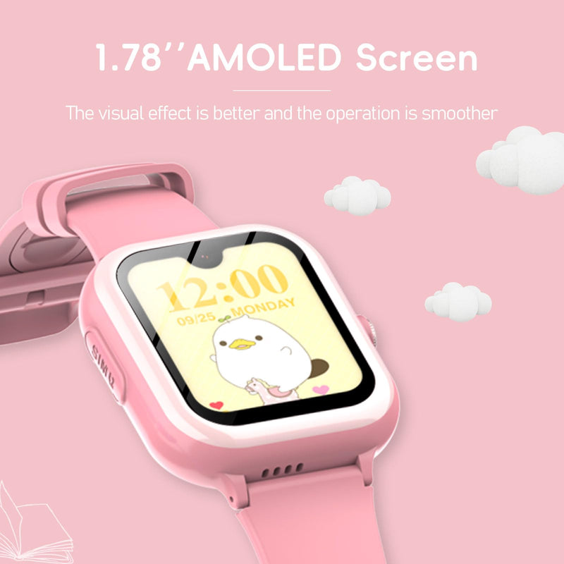 Wonlex 4G GPS Kids Smartwatch with SIM Card, 1.78" AMOLED Large Touch Screen Smart Watch for Kids, Boys Girls Phone Watch with Video Voice Calls, SOS, Camera, Pedometer, Alarm, Game(Pink) Pink