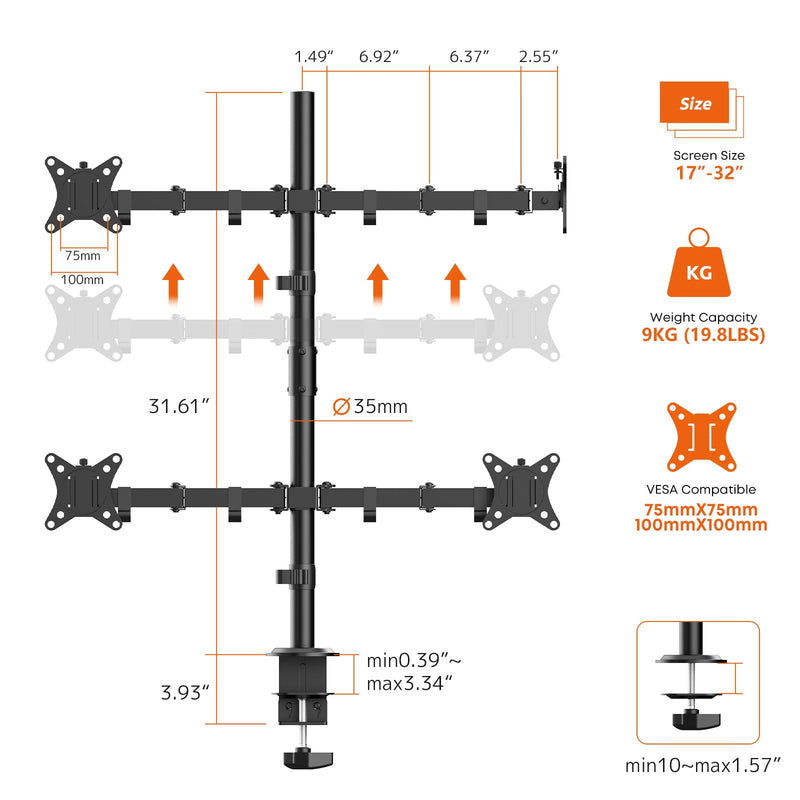 PUTORSEN Quad Monitor Desk Mount, 4 Screens, 17-32", 19.8 lbs Each | Fully Adjustable Stacked Mount with Heavy-Duty Arms, Tilt & Swivel, VESA 75/100, C-Clamp & Grommet Base, Black