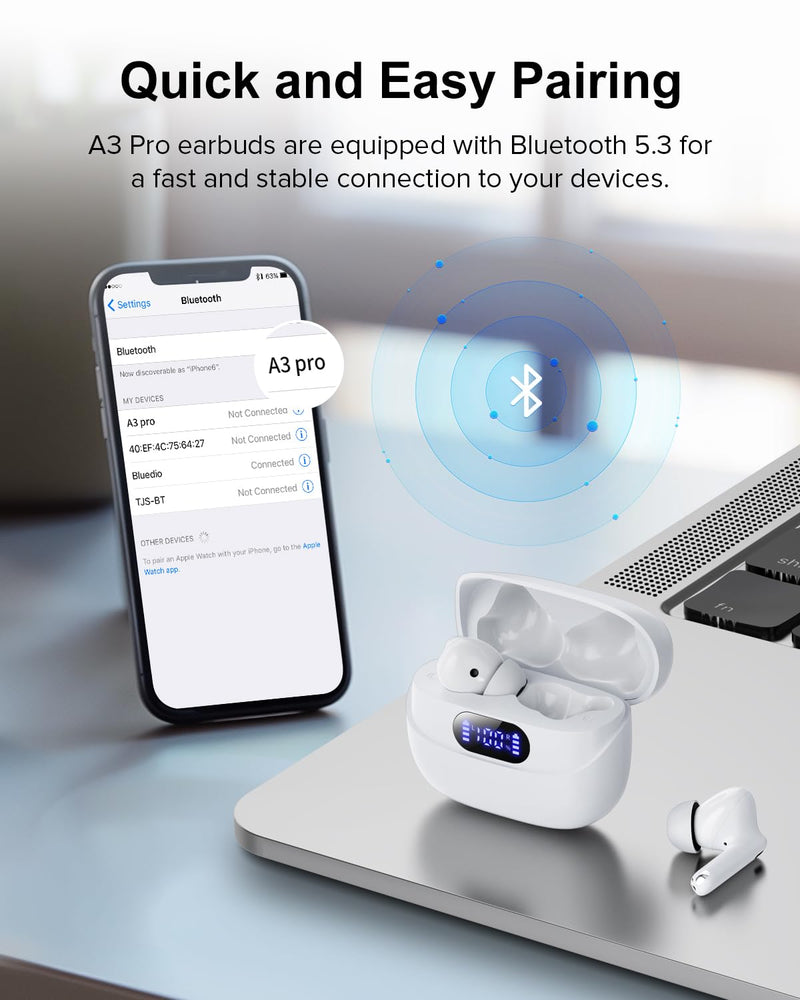 [AUSTRALIA] - Wireless Earbuds, 42H Playtime Bluetooth 5.3 Headphones, HIFI Stereo Call Noise Cancelling Earbuds, IPX7 Waterproof Stereo in-Ear Earphones with LED Display for IOS Android Cell Phone (White) White 