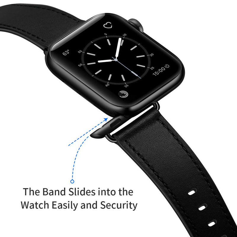 OUHENG Compatible with Apple Watch Band 42mm(Series 10) 41mm 40mm 38mm, Genuine Leather Band Replacement Strap Compatible with Apple Watch (Black+Black/Titanium)