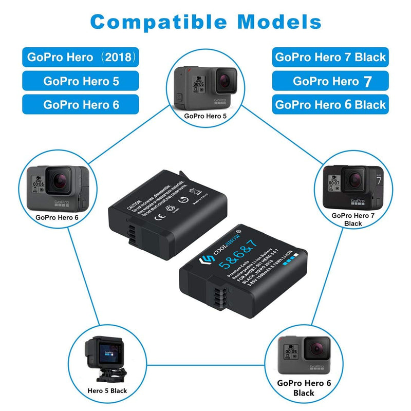 COOLSHOW Hero 7 6 5 Battery Replacement (2 Packs) and Triple HERO 7 Charger Compatible with GoPro Hero 7 Black,Hero 6 Black, Hero 5 Black, Hero 2018 and Charger Compatible with Hero 8 2xBatteries+1xCharger