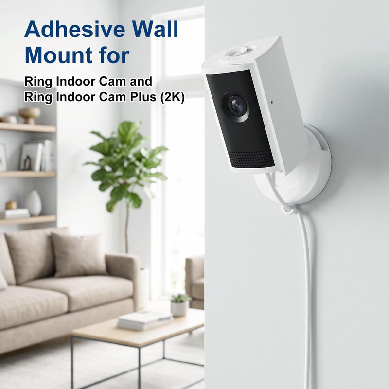 No Drill Camera Mount for Ring Indoor Cam Plus 2K and Ring Indoor Cam, 2 Pack No-Damage Adhesive Wall Mount with Optional Reinforcement Screws, Perfect for Apartments & Home Rentals, White
