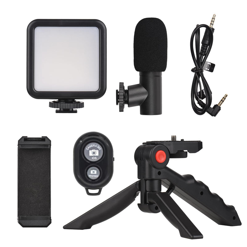 Mini Smartphone Vlog Kit with LED Video Light, Cardioid Microphone, Extendable Phone Clip, Adjustable Brightness Tripod for Live Streaming, Vlogging, Video Conferencing & Selfies