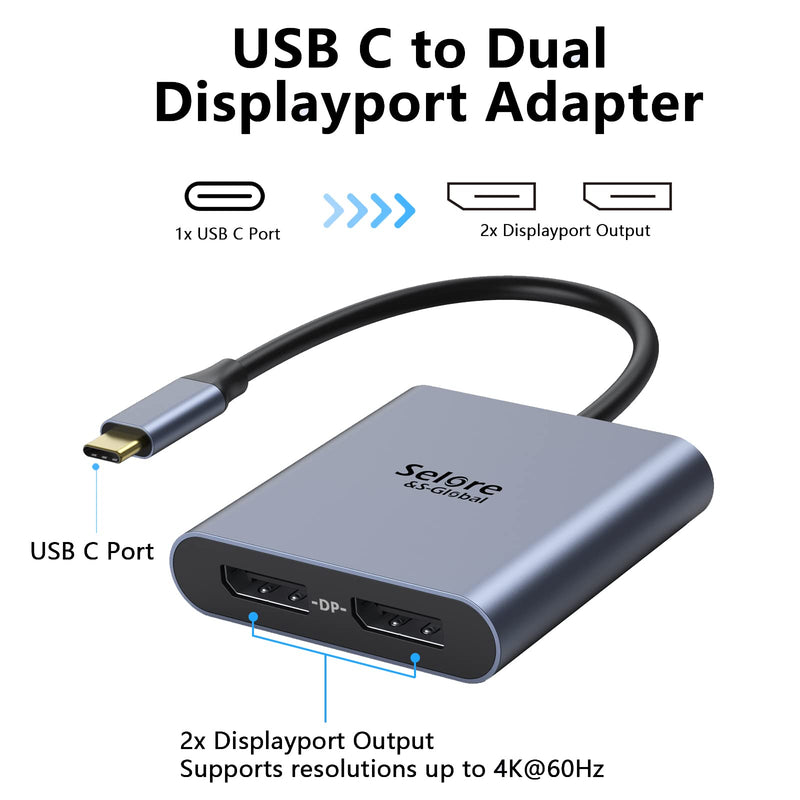 USB-C to Dual 4K DisplayPort Splitter Adapter, USB-C to DisplayPort | Dual Monitor Converter 4K@60Hz, USB-C DisplayPort Hub Compatible for Dell XPS 13/15, Lenovo Yoga, Samsung, Chromebook, HP Dual DP