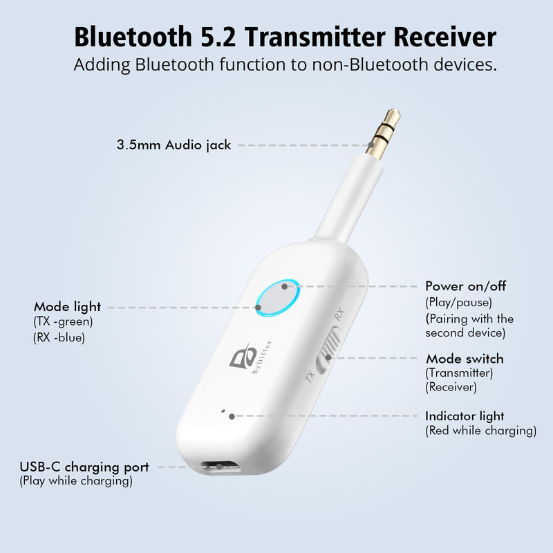 Bluetooth 5.2 Audio Transmitter Receiver for TV to 2 Headphones, ByDiffer Wireless Dual Link 3.5mm Jack AptX Low Latency Aux Bluetooth Adapter for Car, Airplane, Gym, PC (White) White