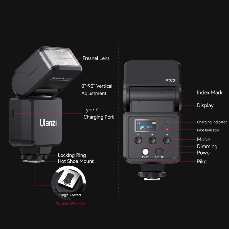 Ulanzi F32 Camera Flash Speedlite External Wireless On-Camera for Canon R50 | Speedlight Flash for Fuji Olympus Panasonic Nikon with Electrical Contacts Digital Cameras, with GN32 / CCT 5600K Hot Shoe