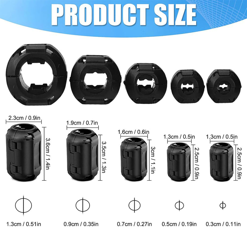 Ferrite Cores - Pack of 15 Ferrite Cores for Cables, Power Cable, USB, Coils, Inner Diameter 3.5 mm, 5 mm, 7 mm, 9 mm, 13 mm, Black Folding Ferrite Noise Reduction
