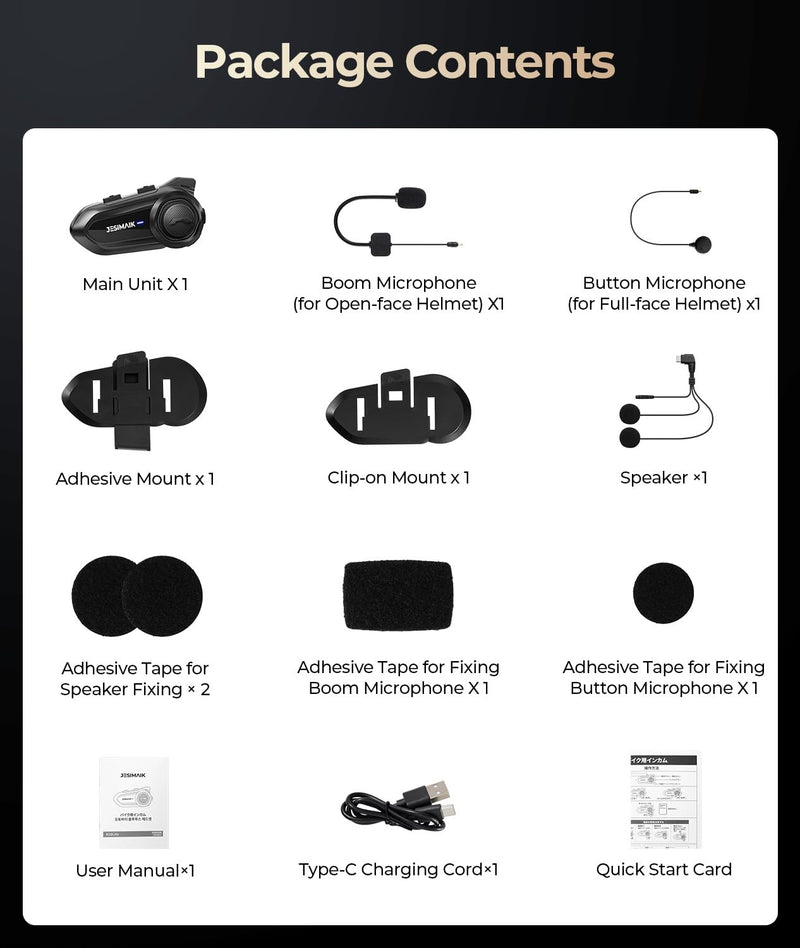 JESIMAIK Motorcycle Bluetooth Headset,2 Way Helmet Intercom Communication System, CVC8.0 Noise Cancellation Motorcycle Intercom with 2 Mics&40mm Speaker,Music Sharing, IP67 Waterproof, FM Radio(1Pack) 1 Pack