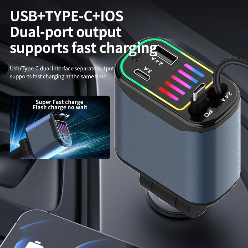 Starlight Retractable Car Charger,66W Starlight in Car roof Fast Car Chargers Adapter 4 in 1 with 2 USB Car Chargers for iPhone 16/15/14/13/12/11 and for Android USB C Cable (X1) X1