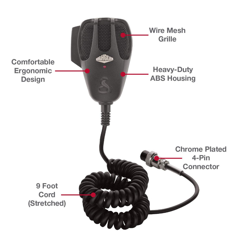 Cobra HG M73 Premium Dynamic Replacement CB Microphone (Black) – 4 Pin Connector, 9 Foot Cord, Heavy Duty ABS Shell, Wire Mesh Grille, Left Side Push To Talk, Chrome Connector