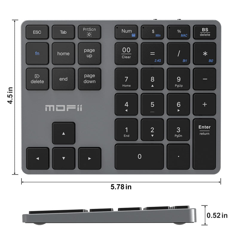 MOFII Number Pad for Laptop - Bluetooth Gray Wireless Numeric Keypad 35 Keys USB-C Rechargeable Numpad, Accounting Portable Financial Data 10 Key for Laptop/PC/Desktop/Notebook/Surface Pro Dark grey