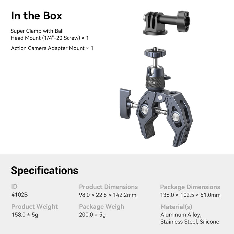 [AUSTRALIA] - SMALLRIG Camera Mount Clamp, Gopro Motorcycle and Bike Handlebar Mount Kit, Super Clamp for DSLR, Action Camera, Gopro, Insta360, LED Light, Monitor, Max Load 3.5KG 