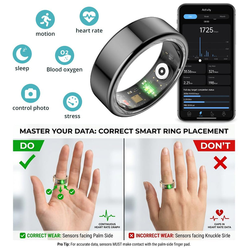 COLMI R02 Smart Ring, Smart Ring for Women and Men, No Subscription Fee, with a Charging Case, Supports Heart Rate, Blood Oxygen, Sleep Health Monitoring. (Black, 9#)
