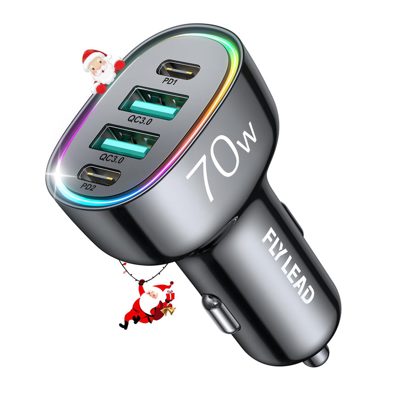 Fast Car Charger FLYLEAD 70W 4 Ports Car Charger【A Must for Family Travel】 Super Fast USB C Car Charger Adapter for iPhone 16/15 Pro Max Plus Samsung Galaxy S24 Black