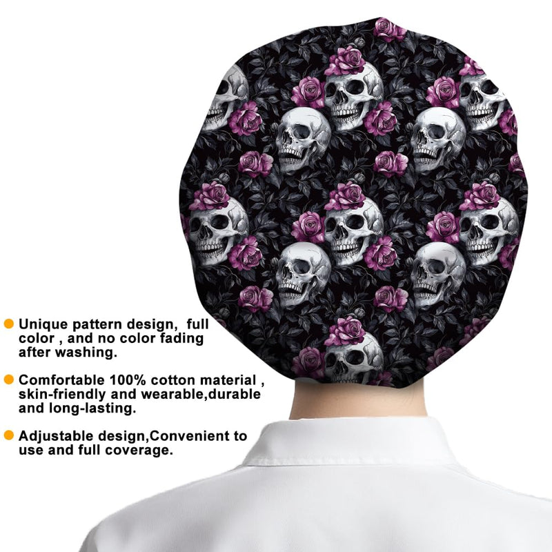 DELORIGIN Bouffant Hats with Skull and Rose Motif, Adjustable Work Cap, Cotton, for Nurses, Doctors and Surgery Hat with Button and Sweatband for Nurses and Cooking Skull Rose