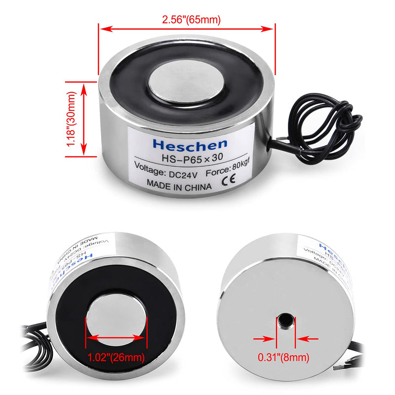 Heschen Elektromagneten Magnet P65/30, OD: 65 mm Solenoid Valve DC 24 V 80Kg/176 lb