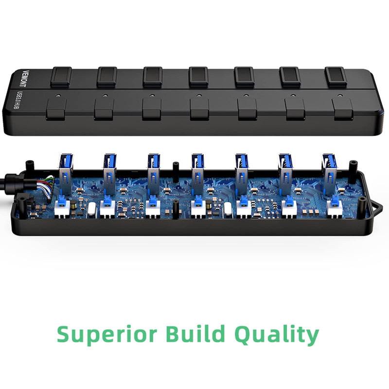 USB hub 3.0,7-Port USB Hub,VEMONT 3.0 USB Splitter with Individual On/Off Switches and Lights, 4ft/1.2m Long Cable USB Extension for Laptop and PC Computer 4ft Black