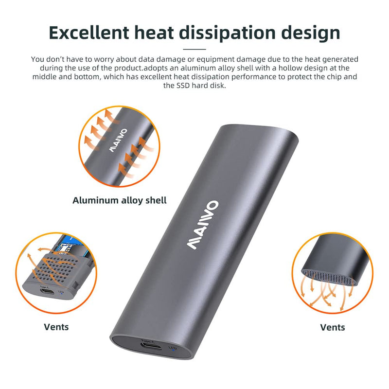 MAIWO M.2 SSD Enclosure Adapter,USB C to M.2 NVME/SATA,MAX 10Gbps,Support 2TB Storage Expansion,Support M or B&M Keys,Aluminum Alloy,Tool Free,Automatic Sleep (FIts 2230/2240/2260/2280)