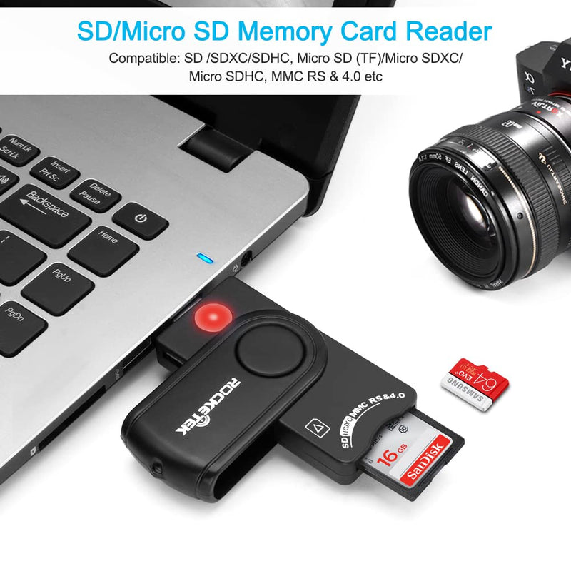USB Smart Card Reader, Rocketek DOD Military USB CAC Memory Card Reader Compatible with Windows, Linux/Unix, MacOS X - Build in SDHC/SDXC/SD Card Reader and Micro SD Card Reader RT-SCR10
