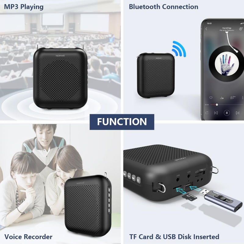 Norwii Wireless Voice Amplifier, 10W 4000mAh Portable Bluetooth Rechargeable PA System with 2 Microphones for Teachers, Meetings, Promotions and Outdoors, Black