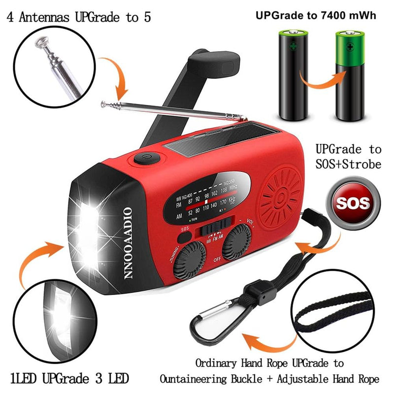 2000mAh SOS Alarm Emergency AM FM Weather Radio, 3LED Type-C Hand Crank Solar Battery Operated Portable Wind Up Radio Flashlight, Cell Phone Charger Survival Kit (Red)