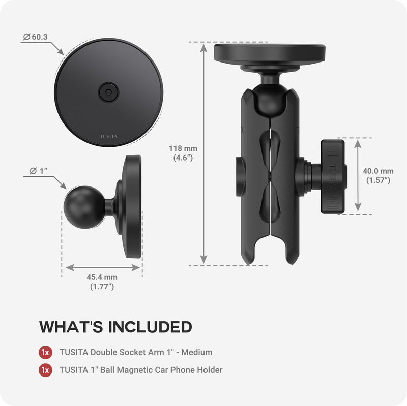 TUSITA 1" Ball Magnetic Car Phone Holder with Double Socket Arm Compatible with iPhone Magsafe, for Ram Mount B Size Base