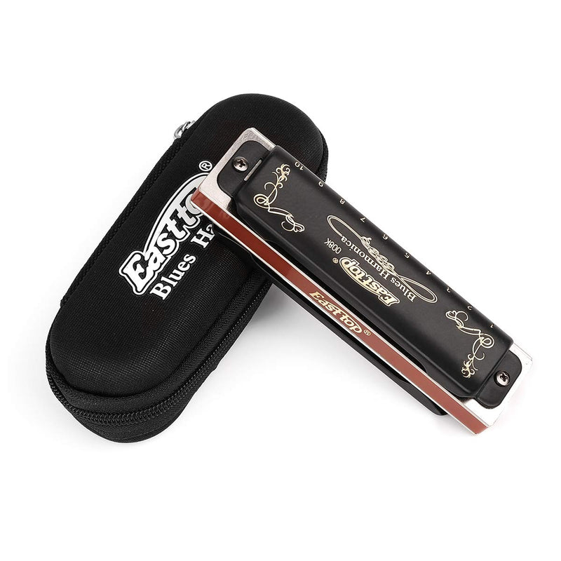 [AUSTRALIA] - Easttop Professional Harmonica Blues Key of D 10 Hole 20 Tone Heavy Duty with Case & Cleaning Cloth for Professional Player,Beginner,by Eison-East Top,Black,Great Christmas Gift 