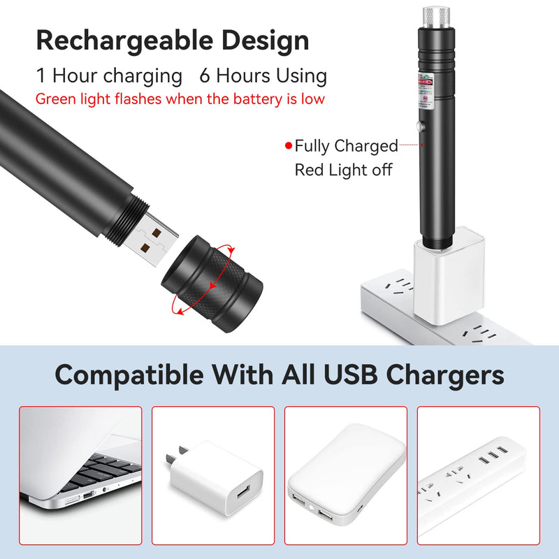 Rechargeable Green Laser Pointer high Power, 10000 Feet Long Range Laser Beam Light Pen, Strong Laser Pointer for TV LED LCD Screen, Green Laser Light for Dogs Cats Outdoor Hunting Teaching Black-Green Light