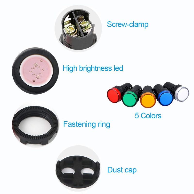 Gebildet Pack of 10 16 mm Indicator Light 220-380 VAC LED Flush Panel Mount (Red/Green/Blue/Orange/White, Each Colour 2 Pieces)