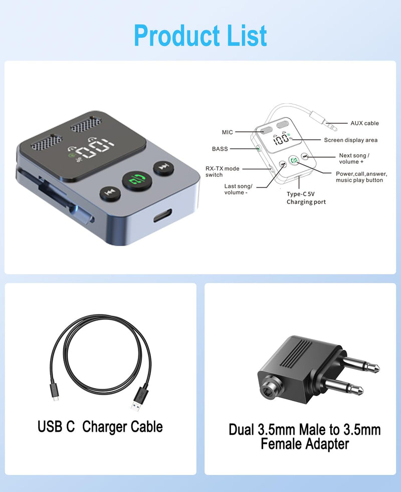 [AUSTRALIA] - Bluetooth 5.3 Transmitter Receiver, 2-in-1 Adapter for Airplane, Bluetooth Transmitter for 3.5mm Aux Jacks Headphone, TV, Home Stereo, Speakers, Headphone, Car, Dual Connection 
