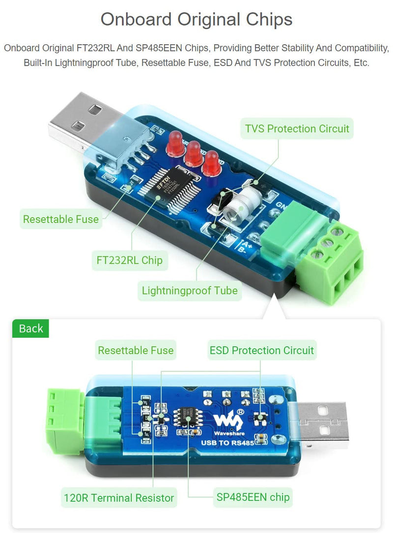 Waveshare Industrial USB to RS485 Converter with Original FT232RL and SP485EEN Embedded Protection Circuits for Industrial Control Equipments and/or Applications with High Communication Requirement