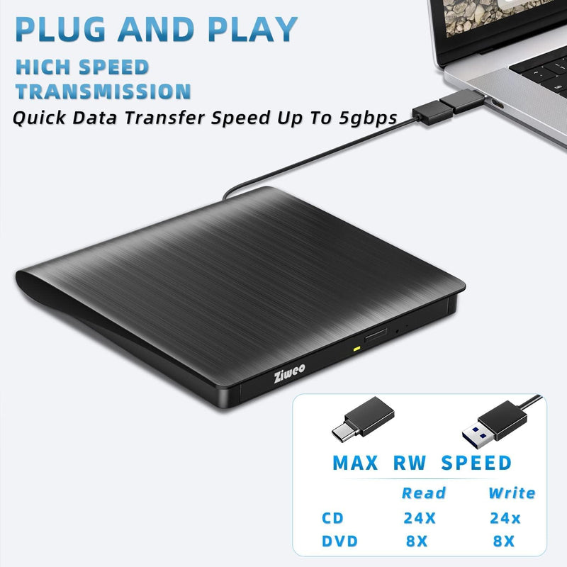 Ziweo External DVD Drive USB 3.0 Type-C CD Burner Portable CD +/-RW Drive DVD Player for ROM Rewriter Burner Compatible with Laptop Desktop PC Windows MacBook Linux Mac OS