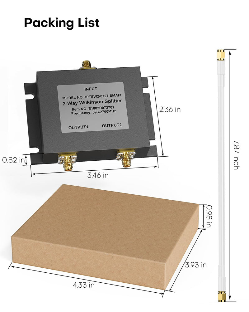 2 Way Signal Booster Splitter with SMA Female Connectors, | 698-2600 MHz Wide Band Cell Phone Booster Accessory for Dual Indoor Antennas, Compatible with LTE Networks and US Carriers