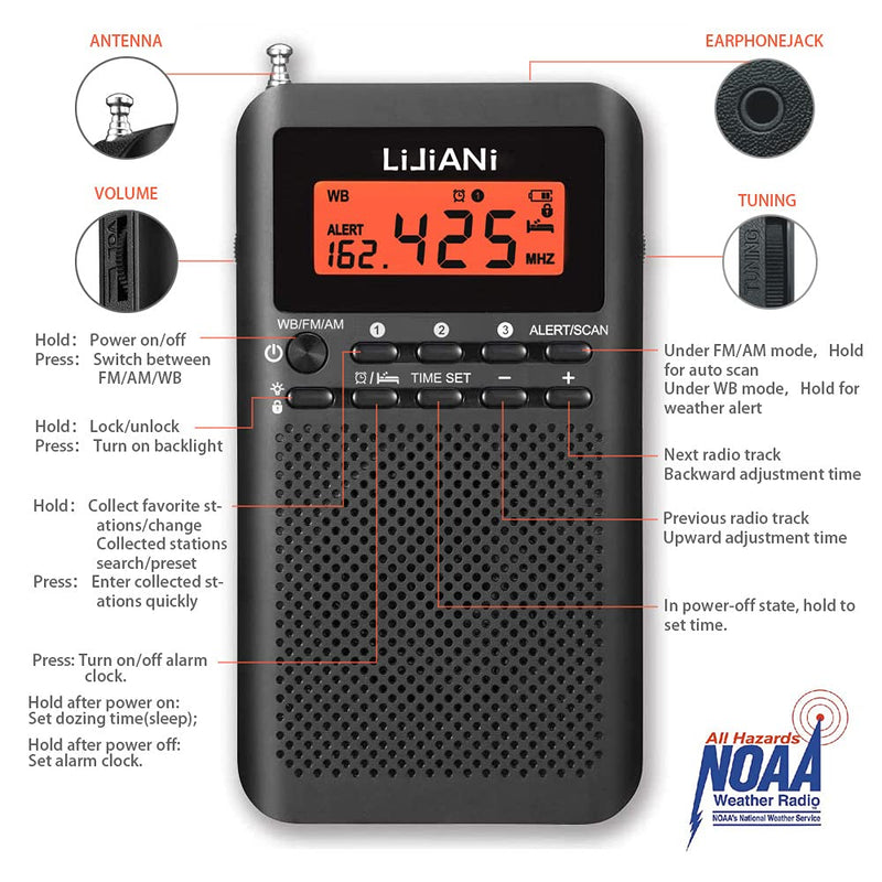 [AUSTRALIA] - NOAA Weather AM FM Portable Radio Operated by 2 AA Batteries with Stereo Earphone,Digital Alarm Clock Sleep Timer,Best Reception,Built in Speaker Best Sound Quality,Luminous Button Design(Black) Black 